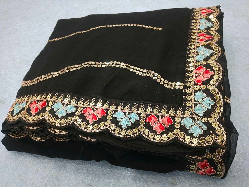 Elegant Black Saree with Sequins &amp; Embroidery