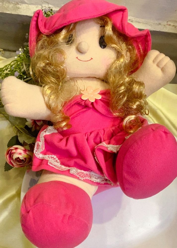 Adorable Pink Rag Doll with Curly Hair