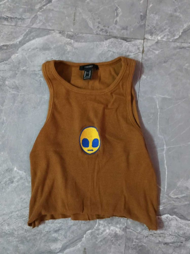 Brown Ribbed Crop Tank Top with Alien Patch