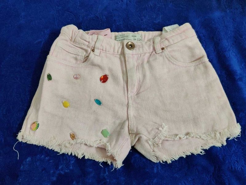 Pink Denim Shorts with Embellishments