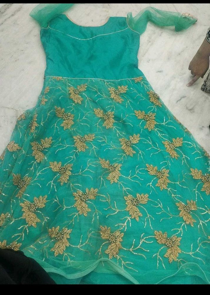 Elegant Teal Embellished Gown With Freebie