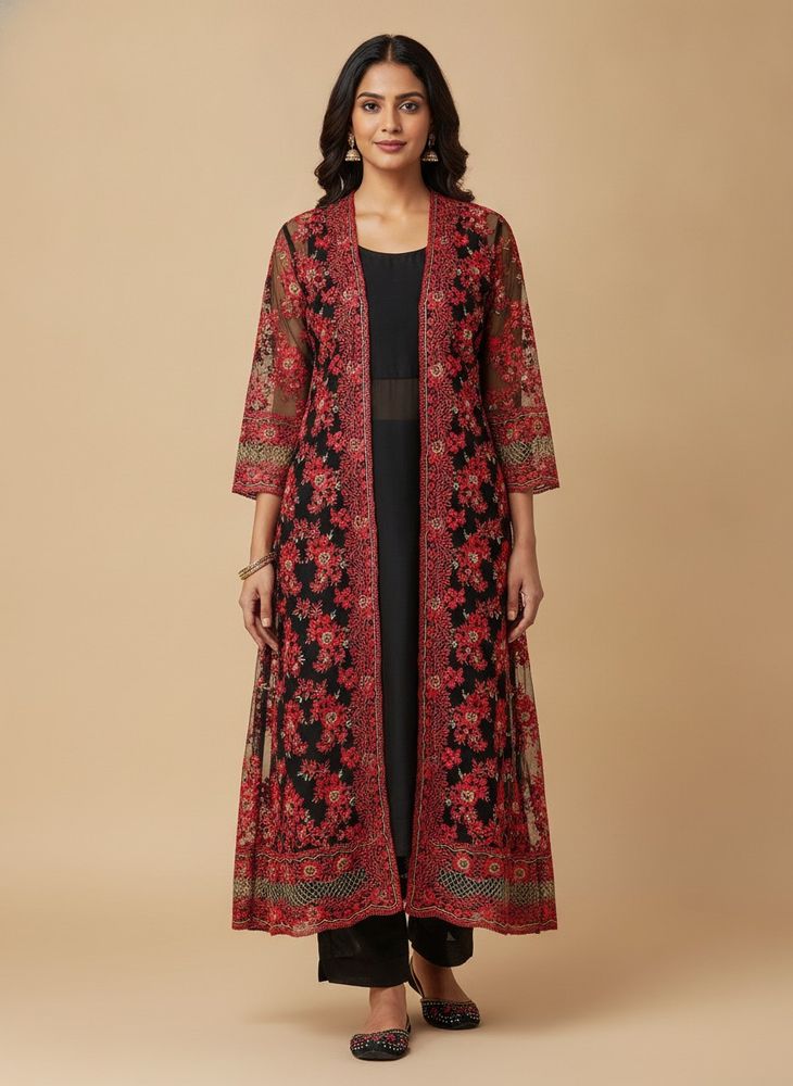 Elegant Black &amp; Red Embroidered Kurta Set