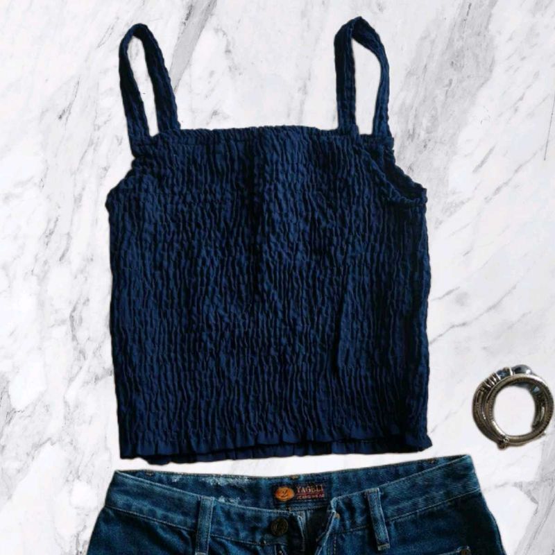 Navy blue smocked crop top