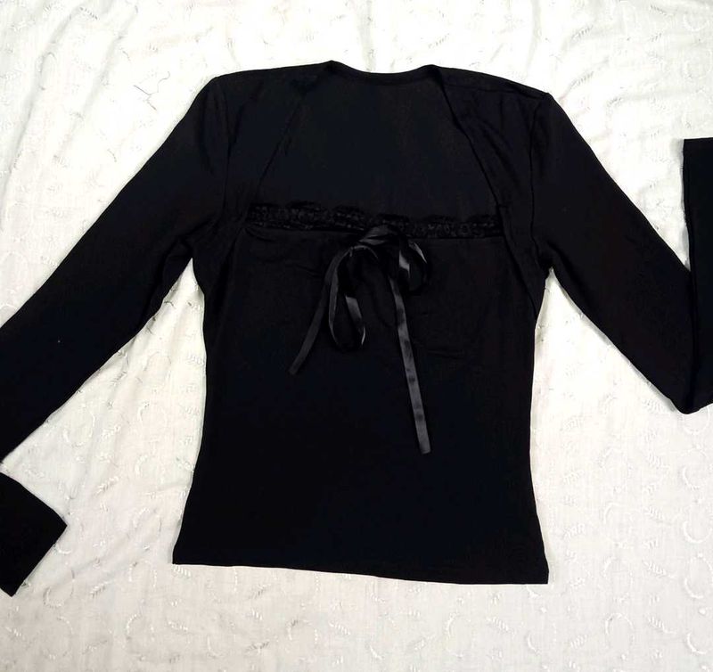 Chic Black Lace Trim Tie-Front Top