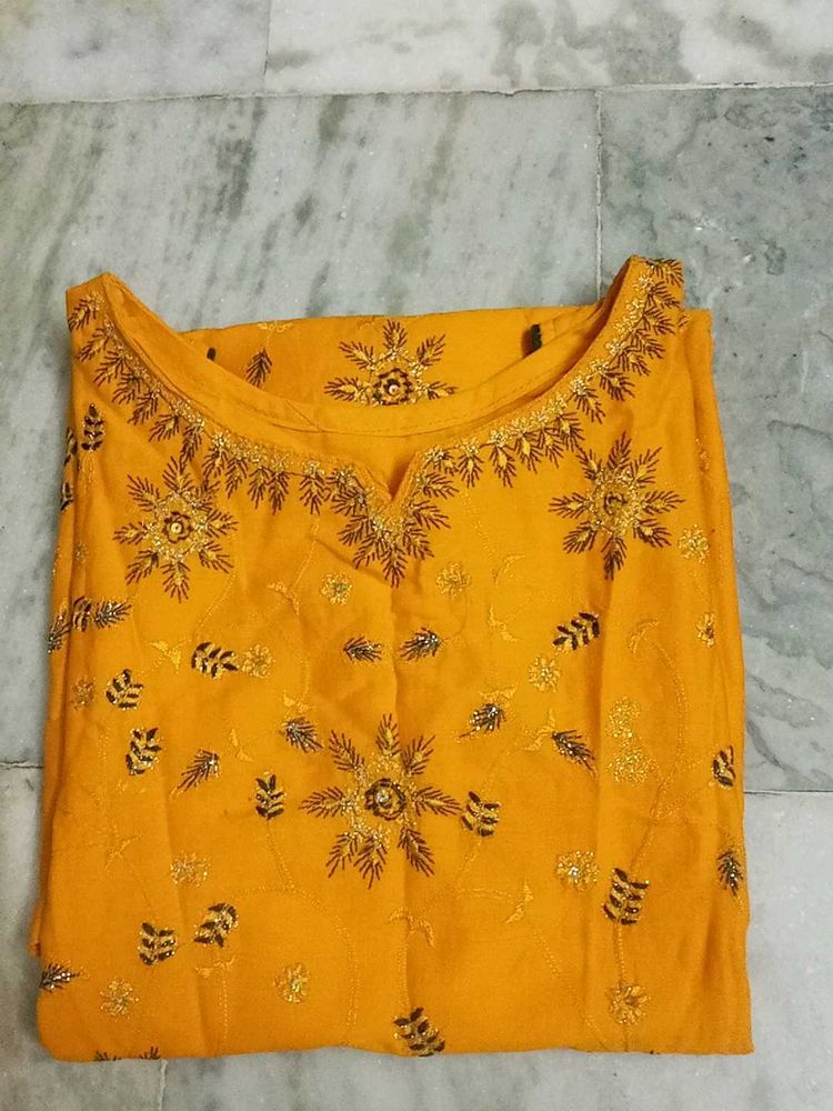 Yellow Embroidered Sleeveless Kurti