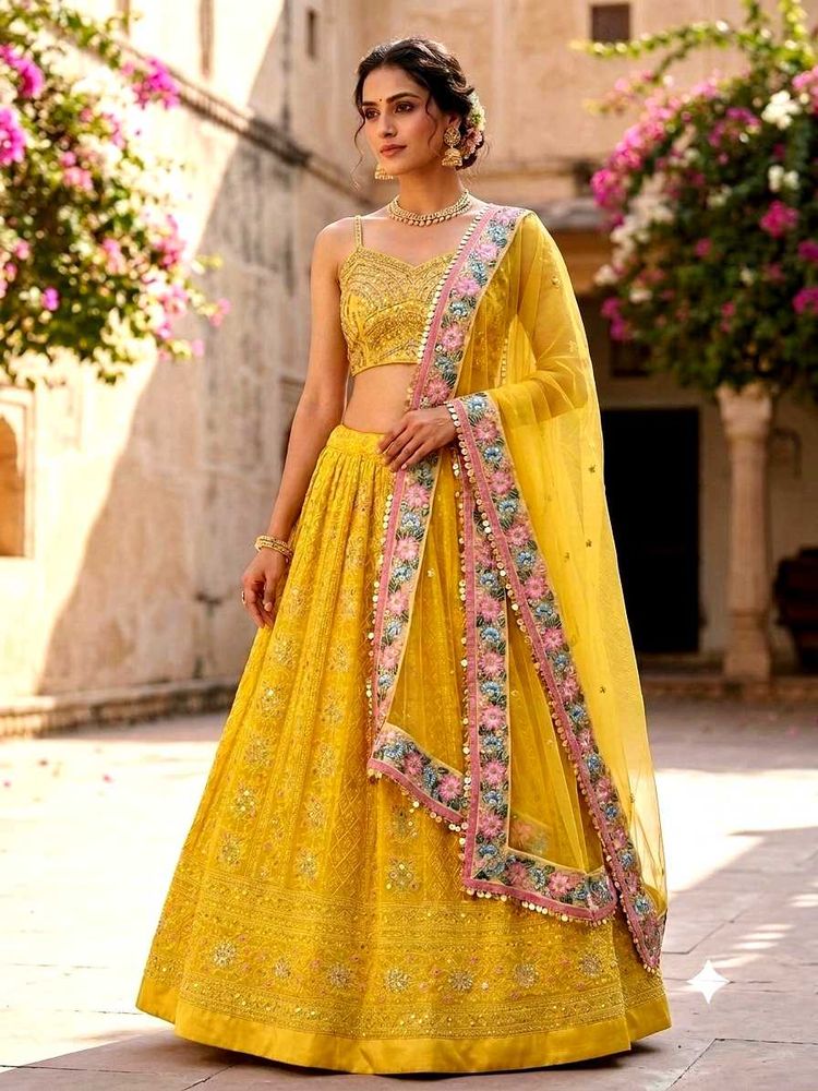 Yellow Embroidered Lehenga Choli  free gift