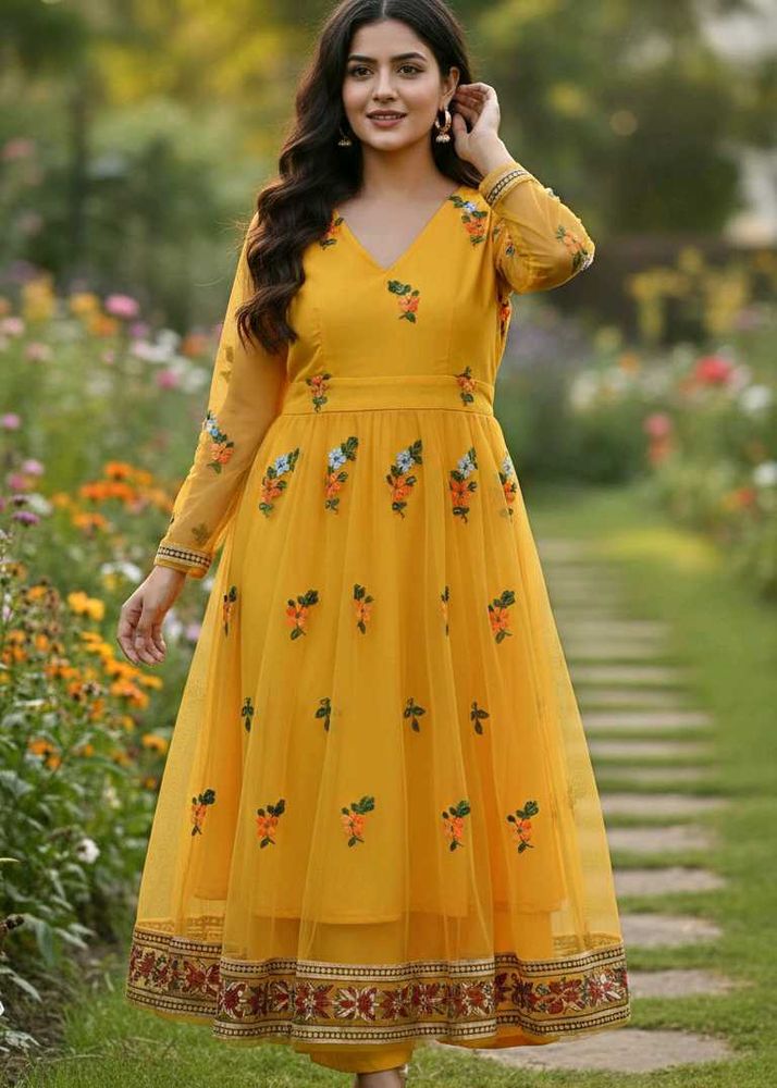 Elegant Yellow Floral Embroidered Ethnic Gown