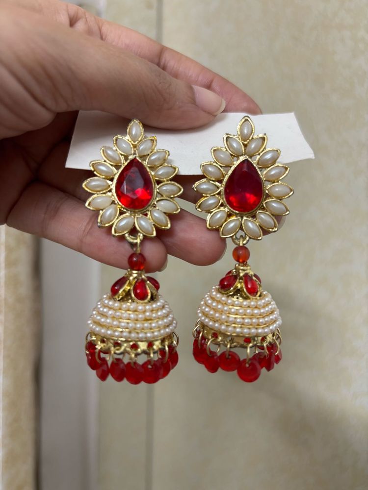 Pearl Beaded Red Jhumki