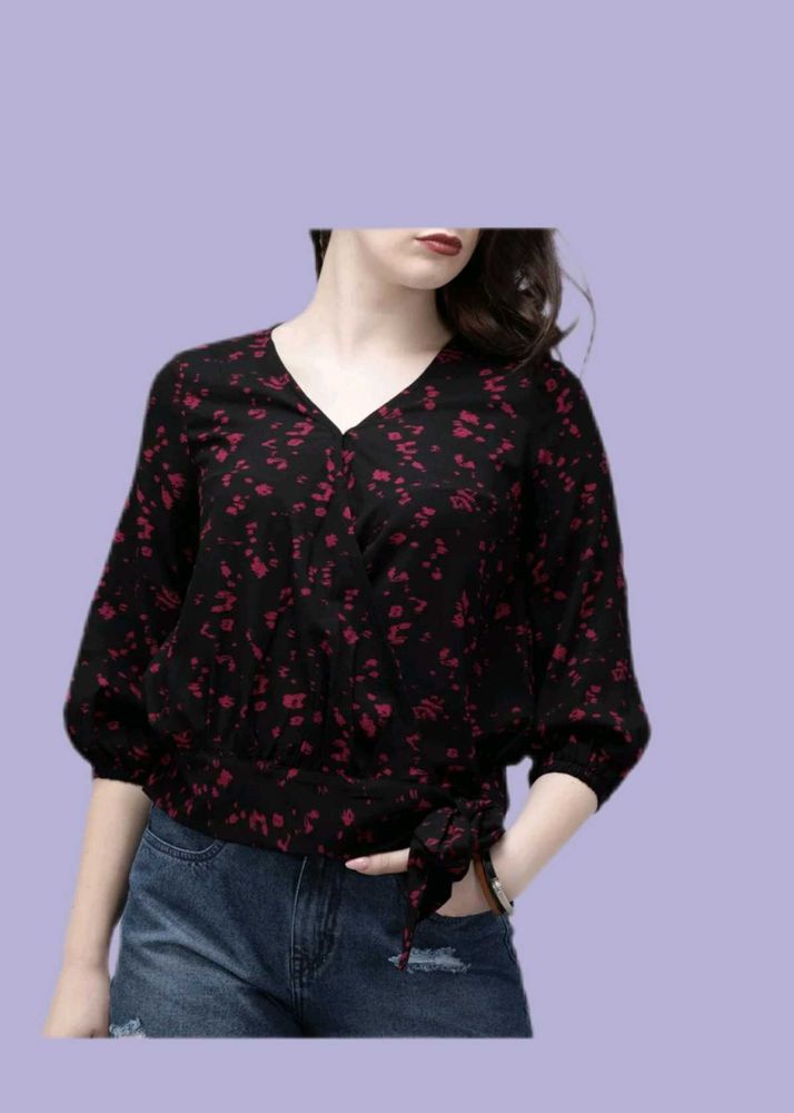 Chic Black Floral Wrap Top