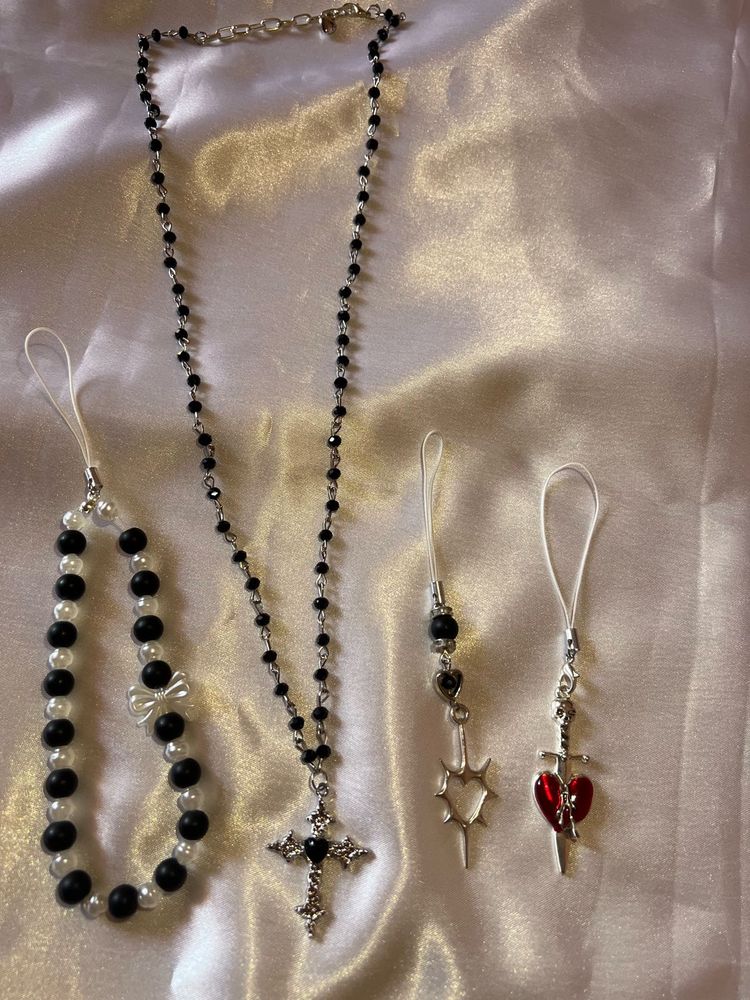HANDMADE Gothic Cross &amp; Heart phone Charm