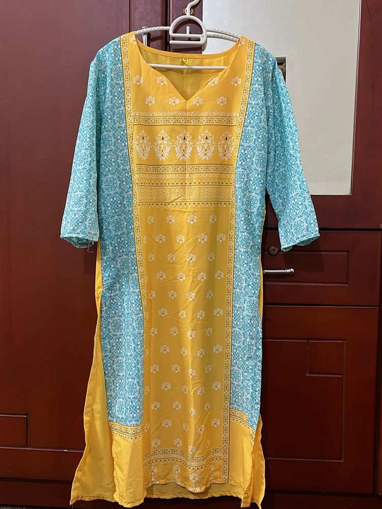 Vibrant Yellow &amp; Blue Printed Kurta