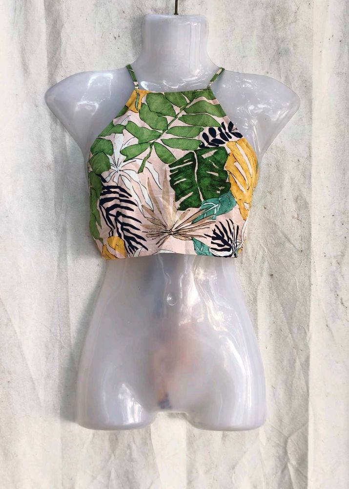 19810. Tropical Print Halter Neck Crop Top