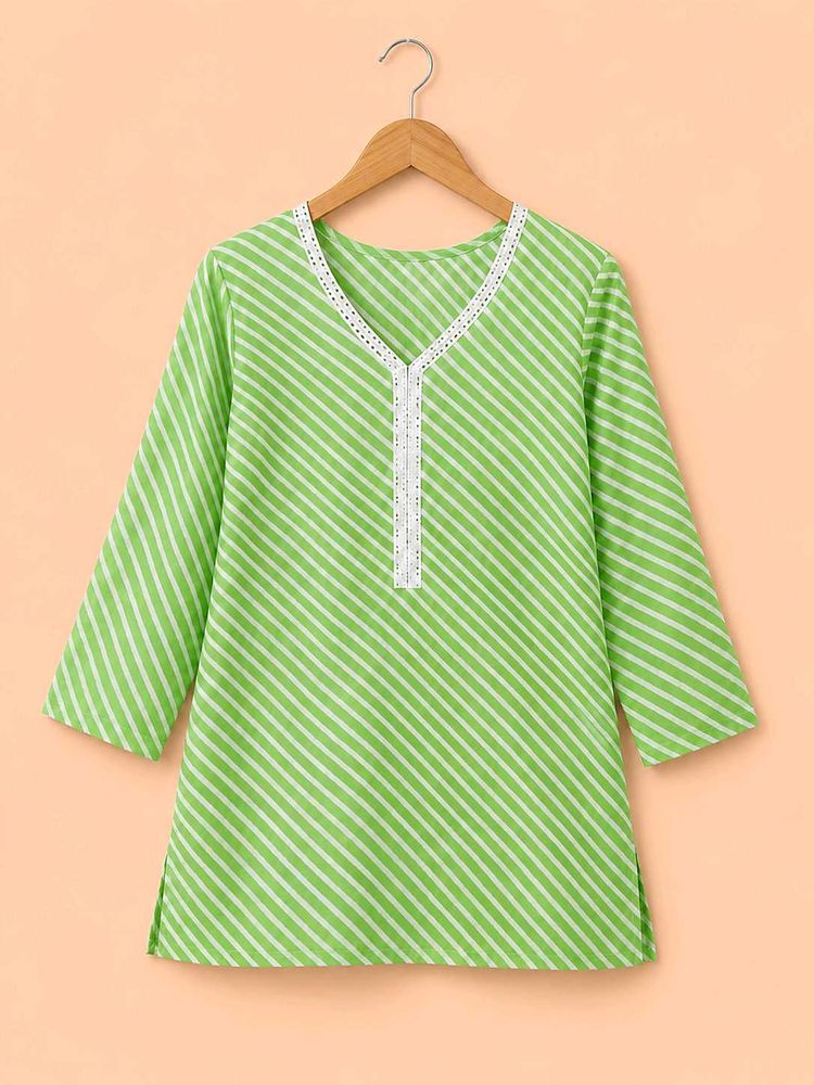 Blue/Green Striped Kurta with White Lace Detail