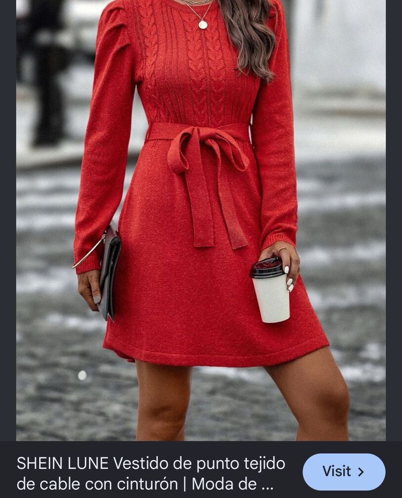 Shein Red Knit Cable Dress with Belt