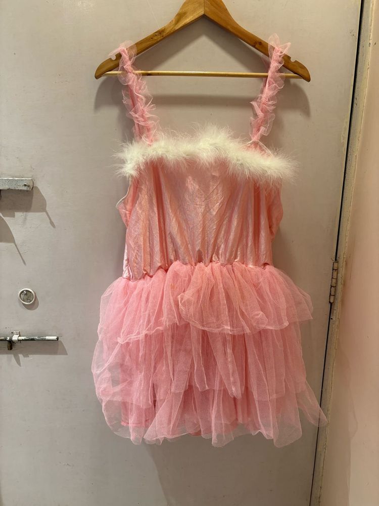 Elegant Pink Ruffled Tulle Fur Trim Dress