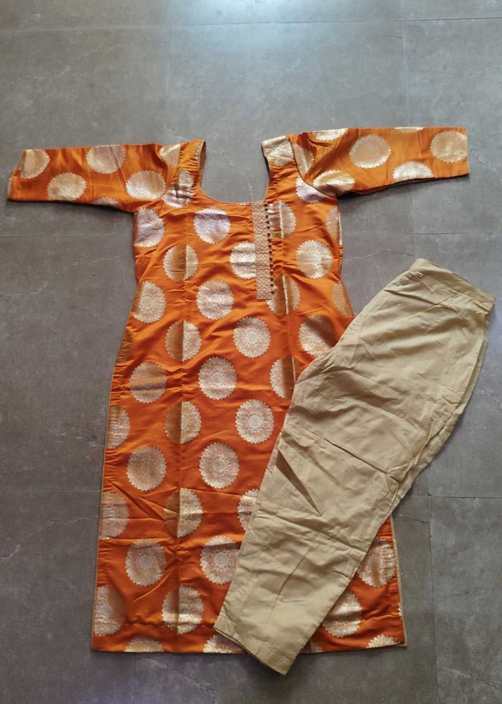 Orange Brocade Kurta with Pants