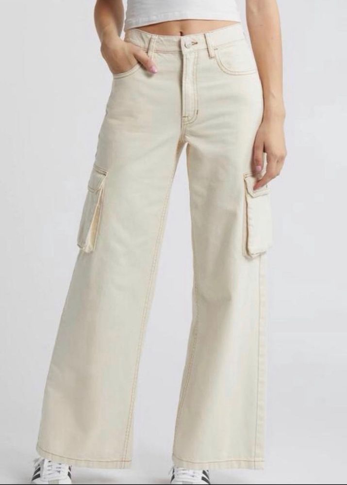Cream Wide Leg Cargo Jeans