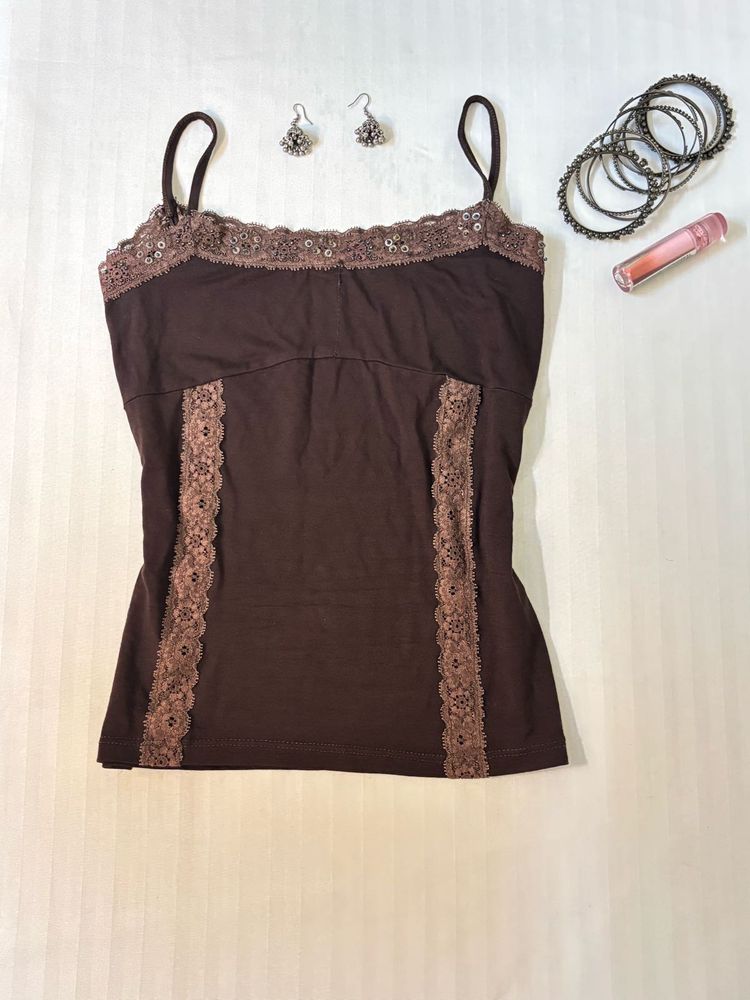 Brown Lace Trim Cami Top