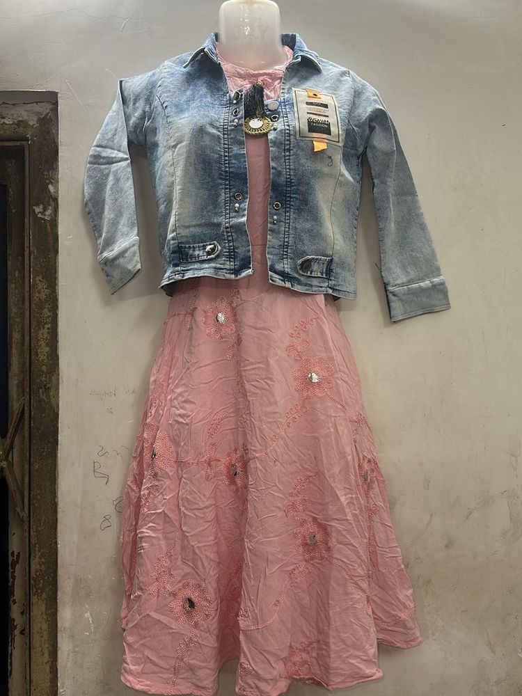 Denim Jacket &amp; Pink Dress Set