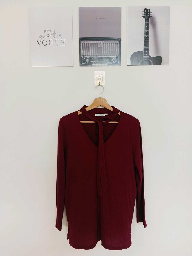 Chic Maroon Long Sleeve Tie Neck Top