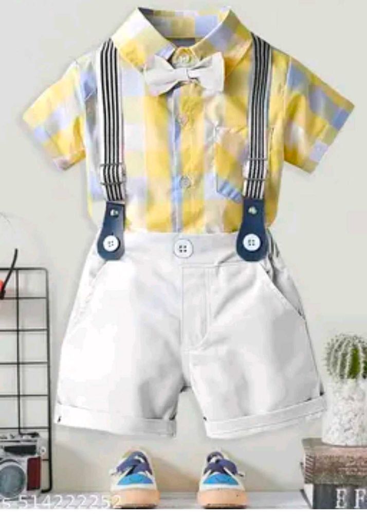 Cute Boys Yellow Plaid Shirt &amp; White Shorts Set