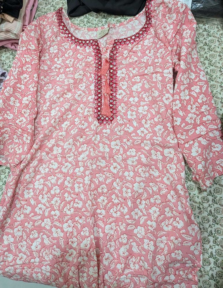 Pink Floral Kurta with Embellished Neckline