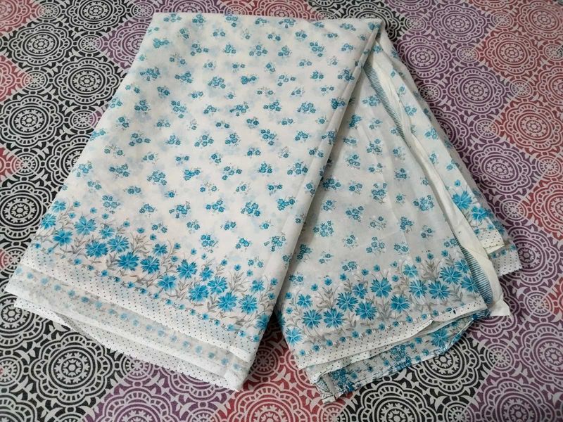 White Blue Floral Print Cotton Saaree🤍💙