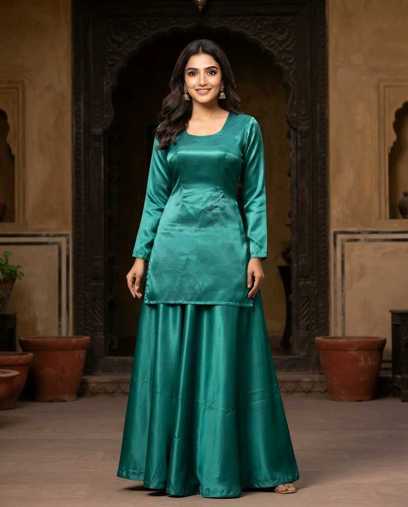 Elegant Teal Satin Kurta Skirt Set
