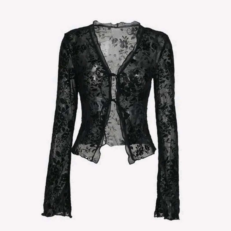 Sheer Black Floral Mesh Long Sleeve Top