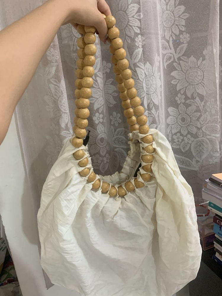 Chic White Bag with Wooden Bead Handles
