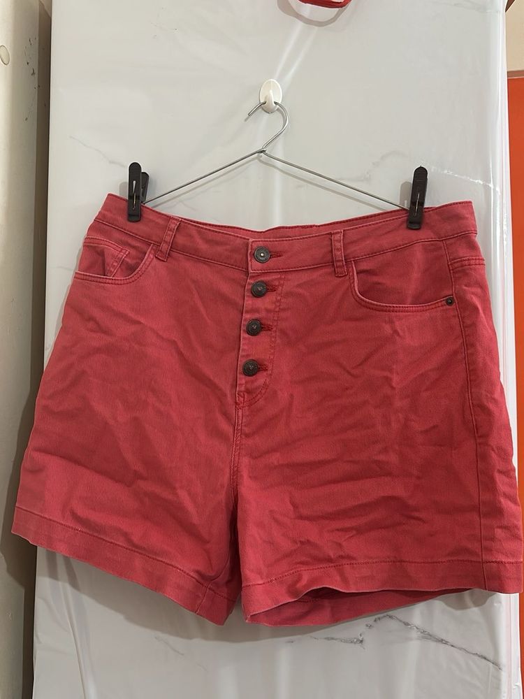 Coral Denim Button-Front Shorts