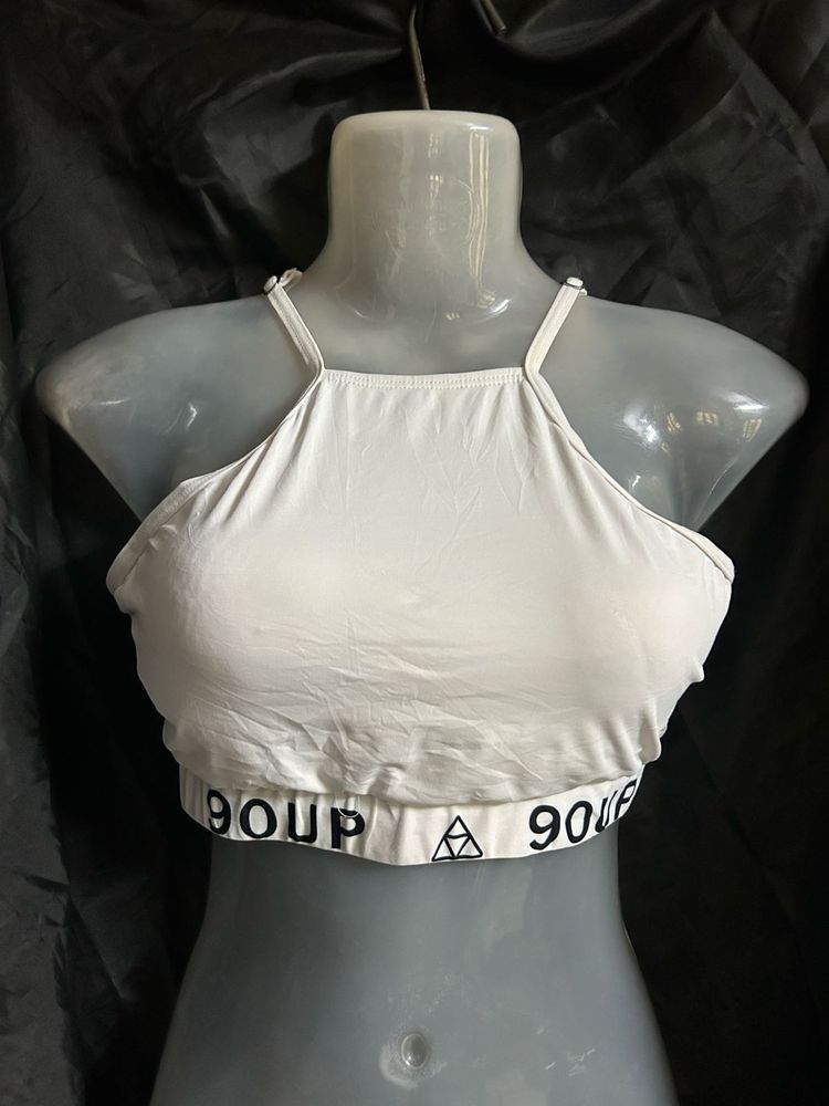White Sports Bra with Logo Band