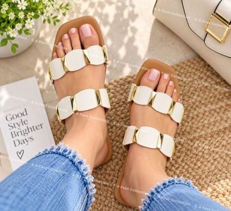 Stylish White &amp; Gold Flat Sandals