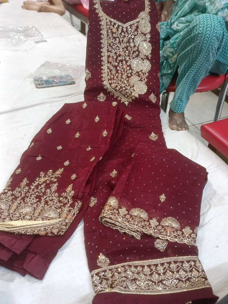 Maroon Embroidered suit pant Set
