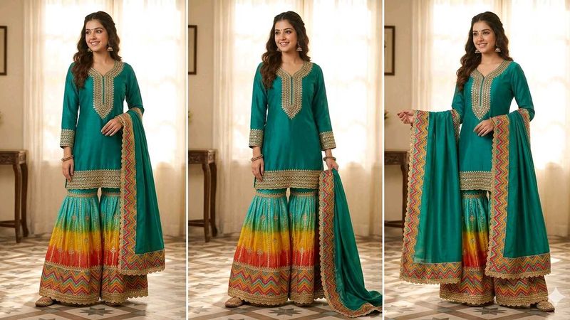 Teal Green Embroidered Sharara Suit