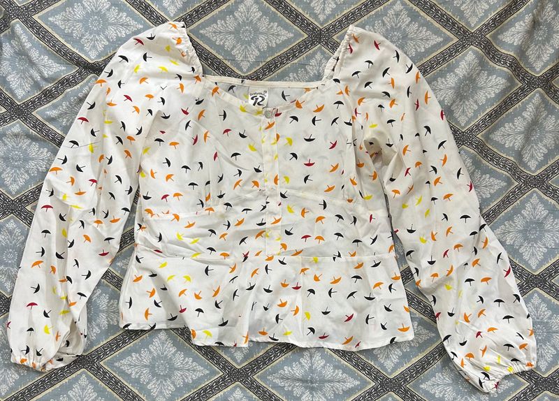 White Peplum Top with Umbrella Print