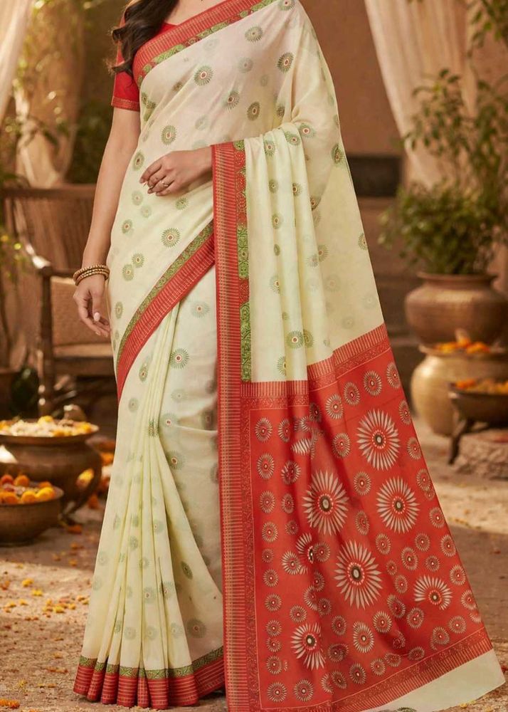 Cream &amp; Red Floral Print Saree