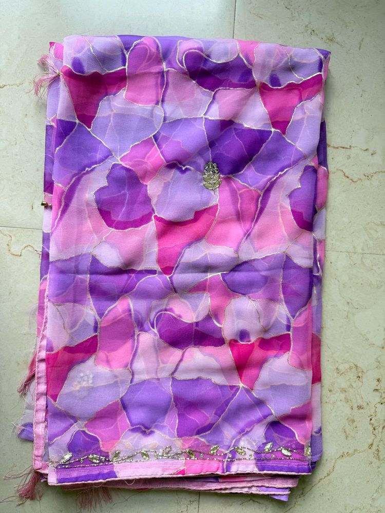 Unused Purple &amp; Pink Chffon Saree