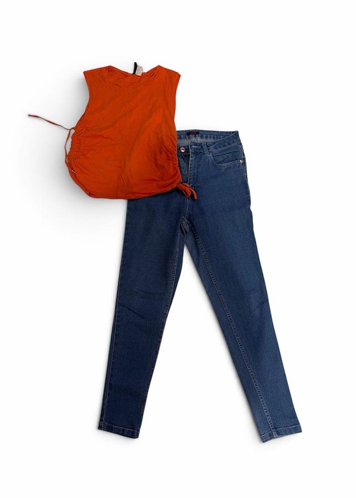 Orange Ruched Top &amp; Blue Denim Jeans Set