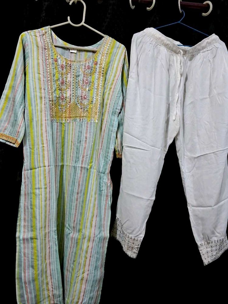 Embellished Striped Kurta with Pants Set