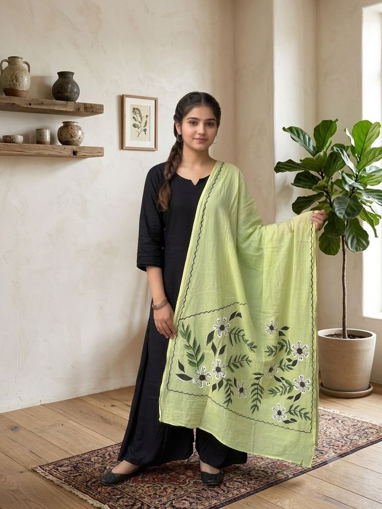 Black Suit Set With Green Floral Dupatta