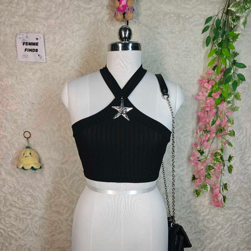 Black Ribbed Halter Neck Crop Top with Star Charm