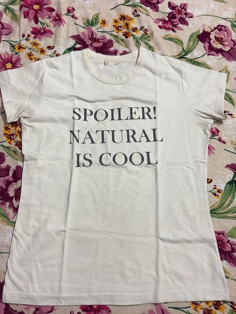 Zara White Graphic Tee "Spoiler! Natural Is Cool"