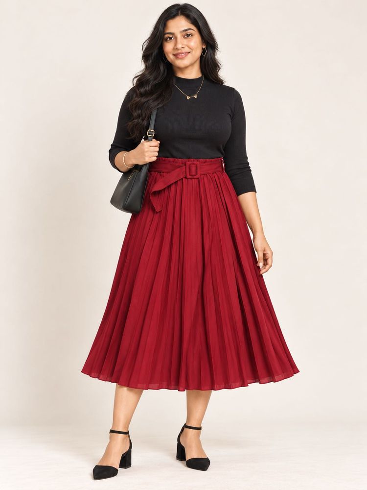 Women's Pleated Midi Skirt with Belt