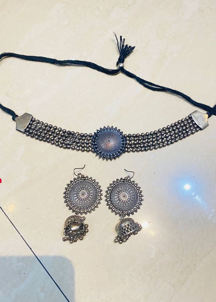 Oxidised Silver Necklace, Earrings &amp; Ring Set