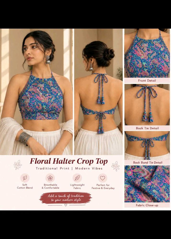Blue Floral Printed Halter Neck Crop Top for Women