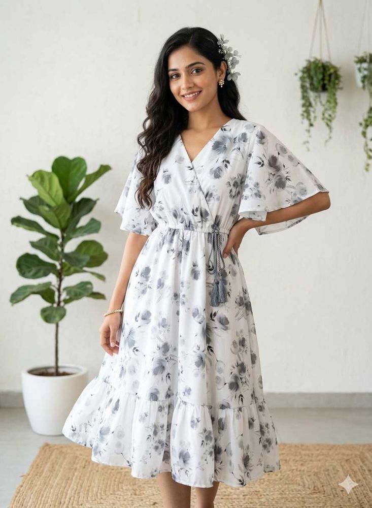 Floral Print Dress Flutter Sleeves with gift