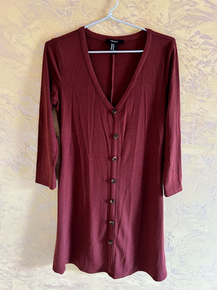Ribbed Maroon Button-Up Dress
