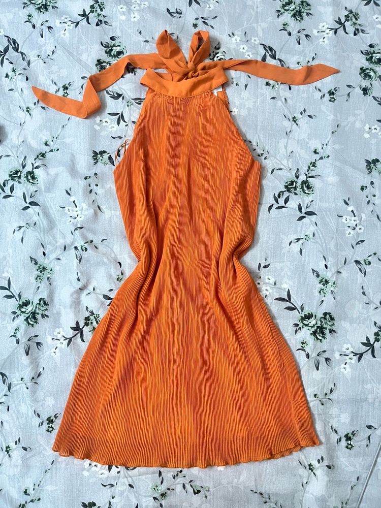 Orange Pleated Halter Neck Dress