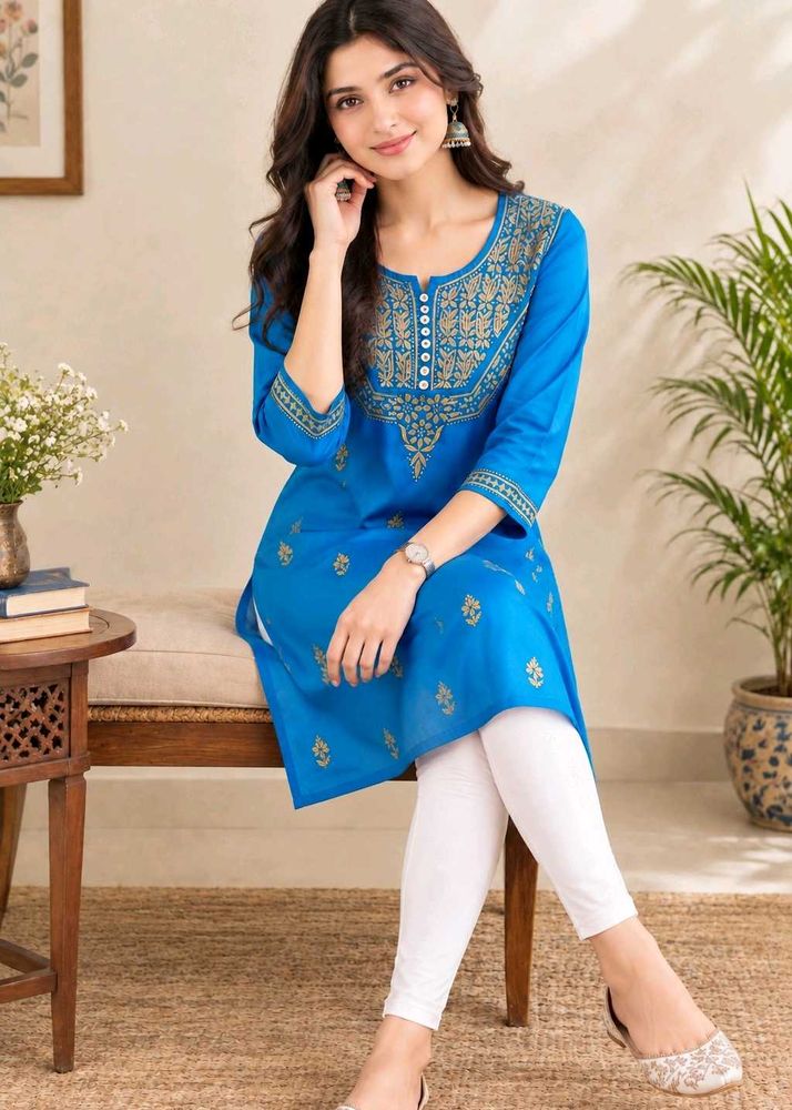 💙 Royal  Blue Chikan Embroidery Short Kur